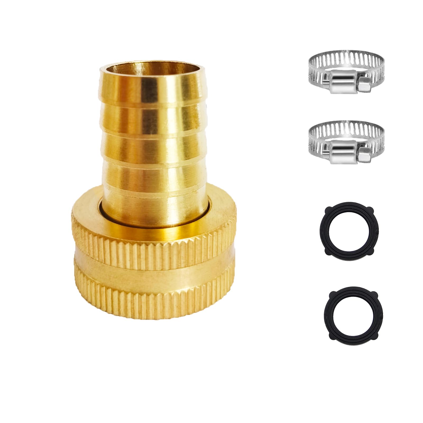NICOLEKAY 3/4" Barb x 3/4" Female GHT Thread Swivel Brass Garden Water Hose Pipe Connector Copper Fitting with Stainless Clamp House/Boat/Lawn/Power