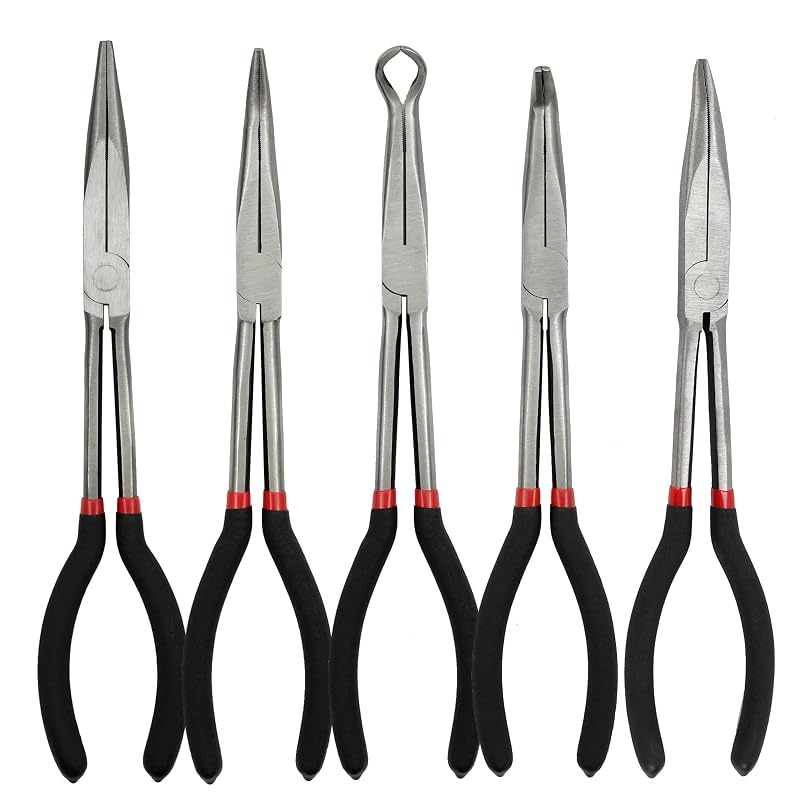 Kit de Alicates de Bico Longo 27,9 cm com Cabos Ergonômicos em PVC MFBJXC, Reto, 25°, 45°, 90° e Circular, 5 peças