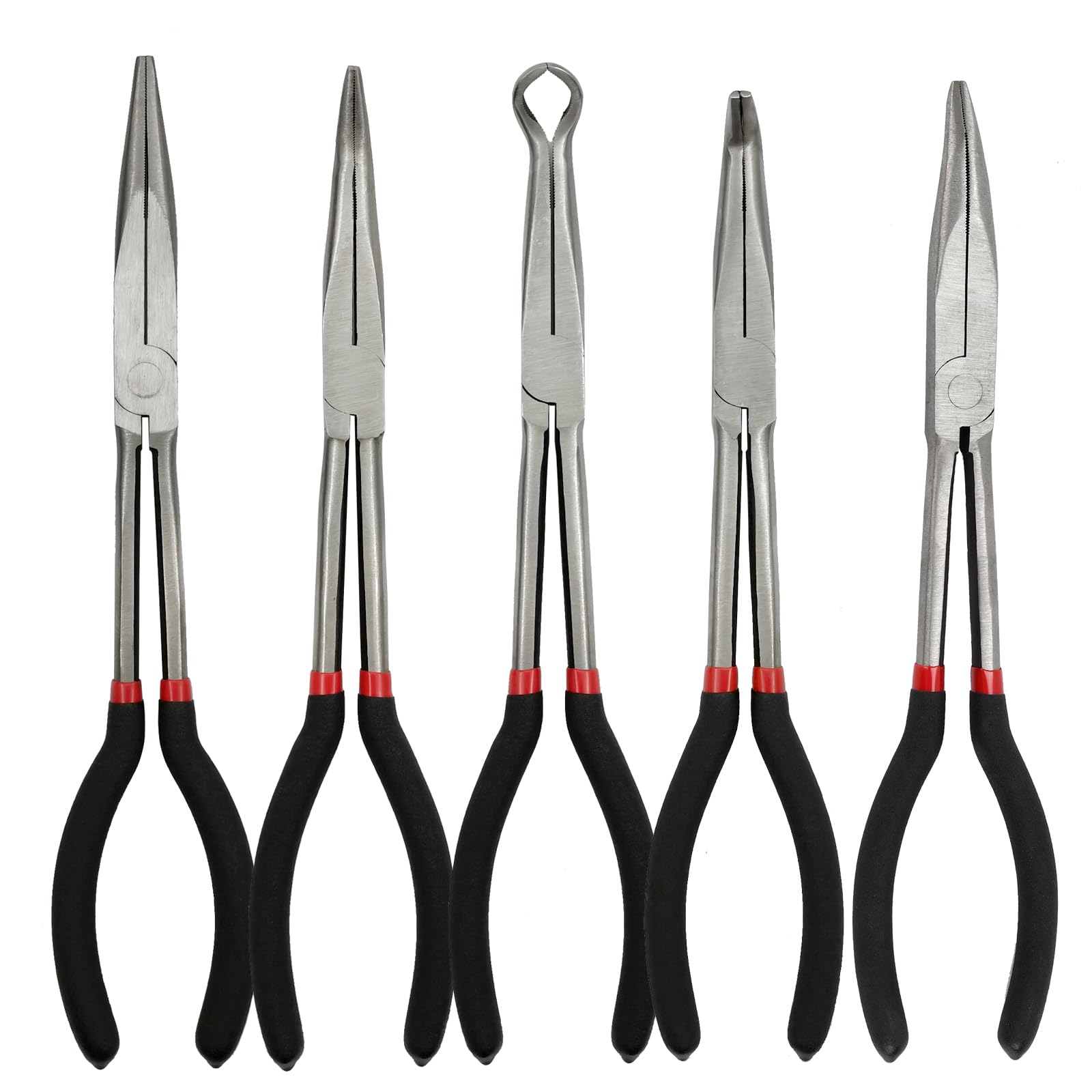 Set di 5 pinze di precisione a becco lungo da 28 cm, con manici isolati e confortevoli, pinze dritte a becco lungo, con angolo di 25/45/90 gradi, per piegatura, sagomatura, creazione di gioielli