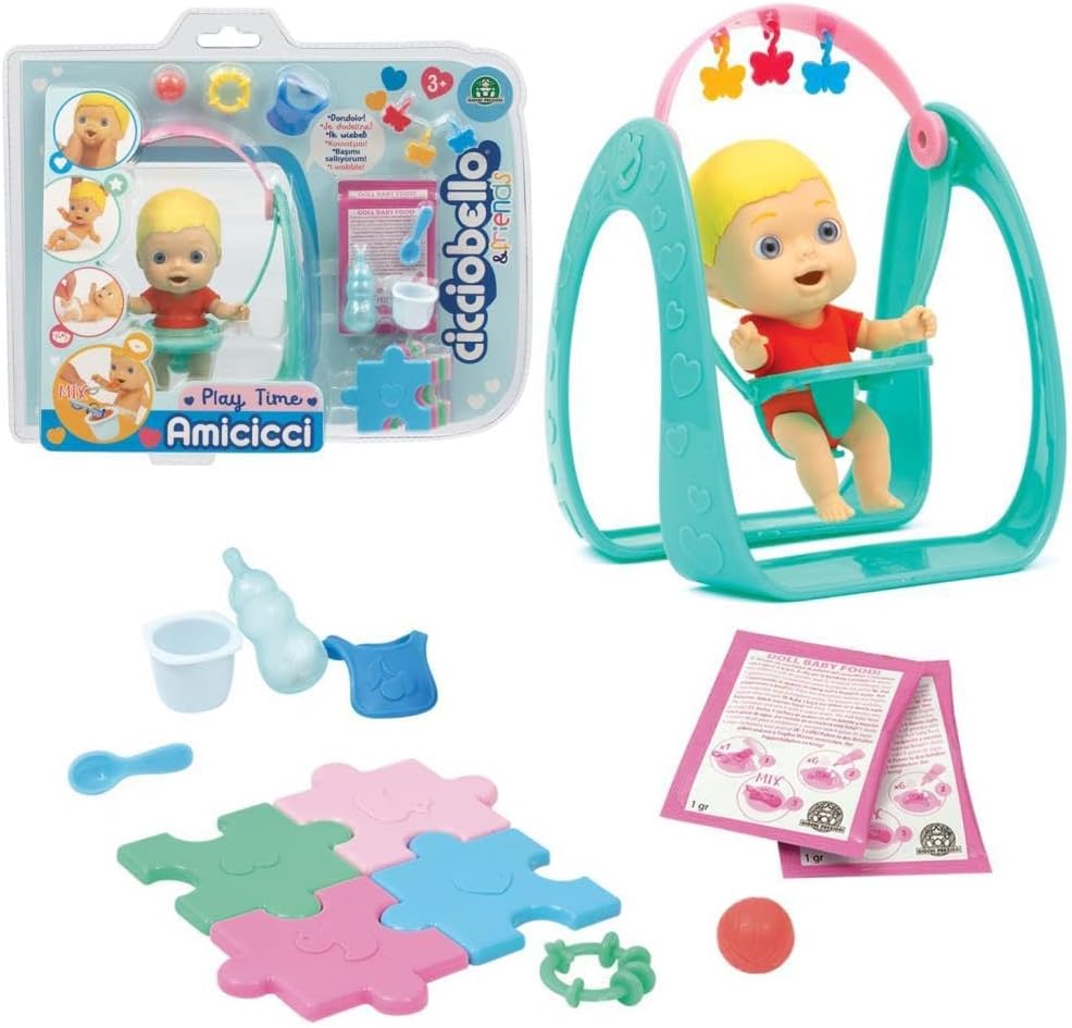 CCB Amicicci Hora de Jugar, Muñeco bebé Mini Blando y Divertido, con un pañal de Colores, con Varios Accesorios, para niñas Desde 3 años