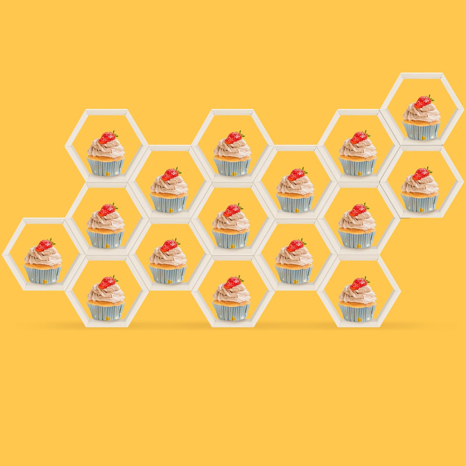 Huwena 16 Pcs Mini Honeycomb Cupcake Stand Wooden Hexagon Cake Display Holder Farmhouse Hexagonal Floating Table Sign for Baby Shower Boy Girl Birthday Party (White)