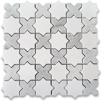 Stone Center Online Thassos White Marble 2 inch Cross Star Mosaic Tile w/Carrara White Honed Kitchen Bath Wall Floor Backsplash Shower 1 Sheet