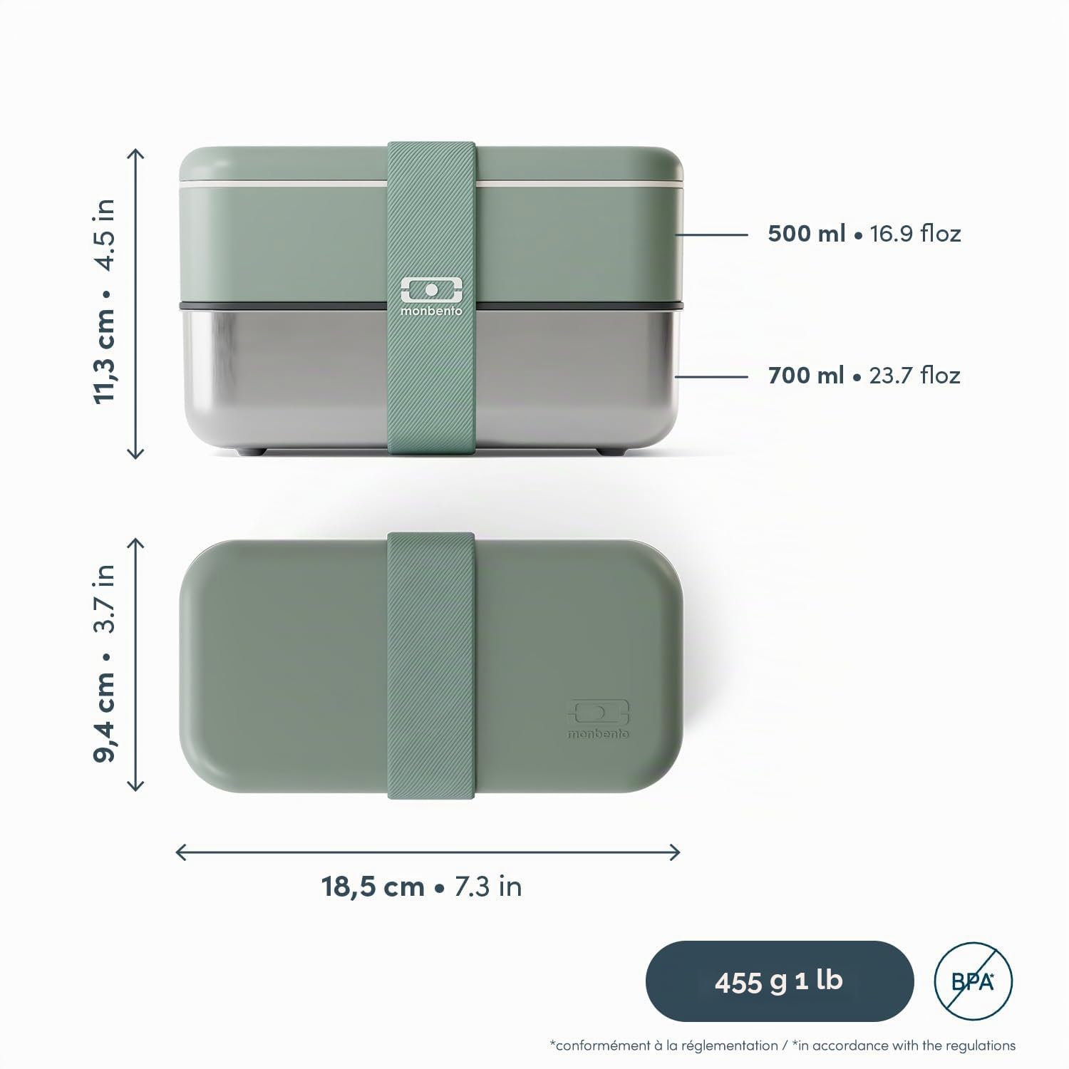 MONBENTO – Lunch Box Adulte Sense Original vert Natural – Boite Repas 1.2 L 2 Étages Métal/Plastique – Bento Inox Hermétique Compatible avec Four & Micro-Ondes – Sans BPA – Idéal pour Meal Prep/Bureau