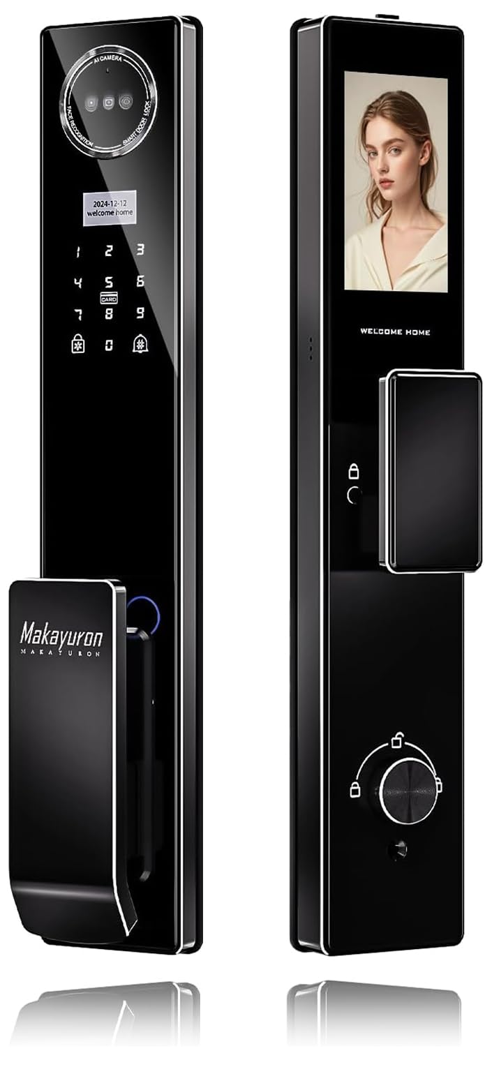 Makayuron CNC Full Aluminum Wifi Smart Door Lock With 5000mAh battery Support Multiple Unlocking Methods Such as Face, Fingerprint, Palm print,Password,Tuya app,with 6068 mortise（D1proU, Black） Black D1proU