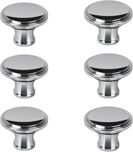 BTCool Paquete de 6 pomos de gabinete de cocina de 1.34 pulgadas (1.339 in) cromados antihuellas, pomos redondos sólidos para tocador, accesorios de