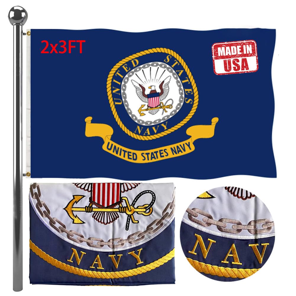 Jayus Embroidered Double Sided Emblem US Navy Flag 2x3 FT Outdoor - 340D Heavy Duty Naval Flag USNA Army Flags with 2 Brass Grommets Banner and UV Fade Resistant