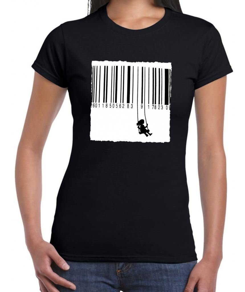 Tribal T-Shirts Womens Banksy Barcode Swing Girl T-Shirt (Medium, Black)