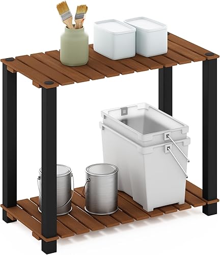 Furinno Pangkor - Estante de 2 niveles Turn-N-Tube para plantas de interior y exterior, soporte rectangular grande de madera con postes cuadrados,