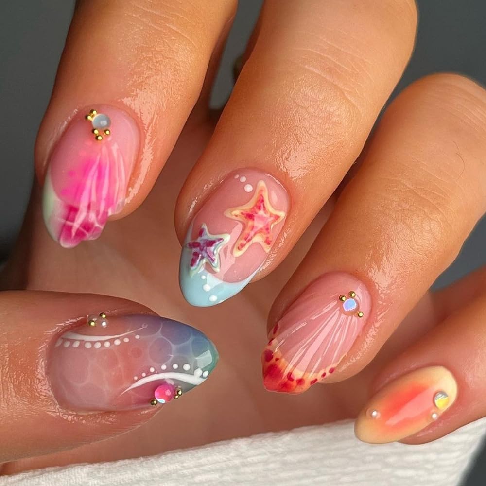 LBPEPAMZ 24Pcs Pink Press on Nails Short Almond Fake Nails with 3D Embossed Gold Beads Design Red Blue French Tip Acrylic False Nails Summer Starfish