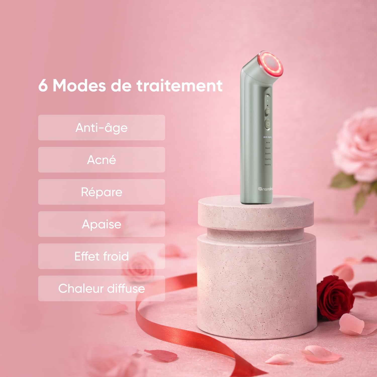Nanoleaf Appareil Massage Visage 6-en-1, Luminothérapie Rouge+NIR/Bleue, Refroidissement, Chauffage ou Vibration, Appareil Portable Lifting et Raffermissement Visage et Cou