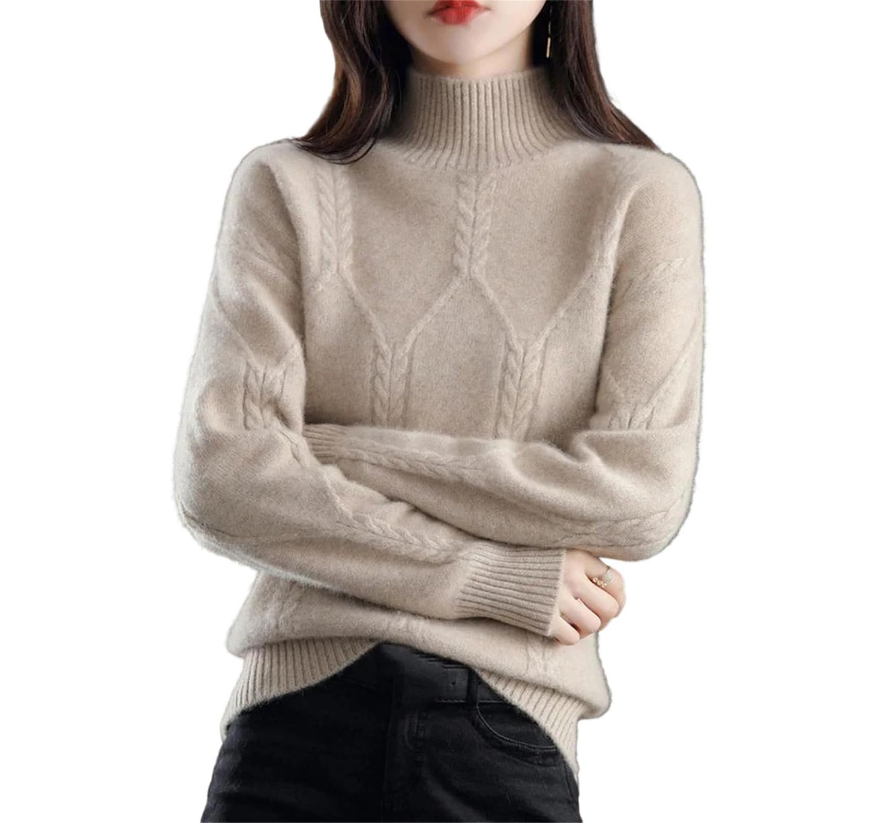 Womens Retro Half Turtle Neck Knit Sweater Winter Loose Soft Warm Pullover Long-Sleeve Textured Casual Fashion Top