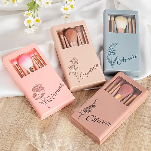 Miniatura 5 de callie Juego de 5 brochas de maquillaje de flores de nacimiento personalizadas con organizador de brochas de maquillaje y espejo de regalo para
