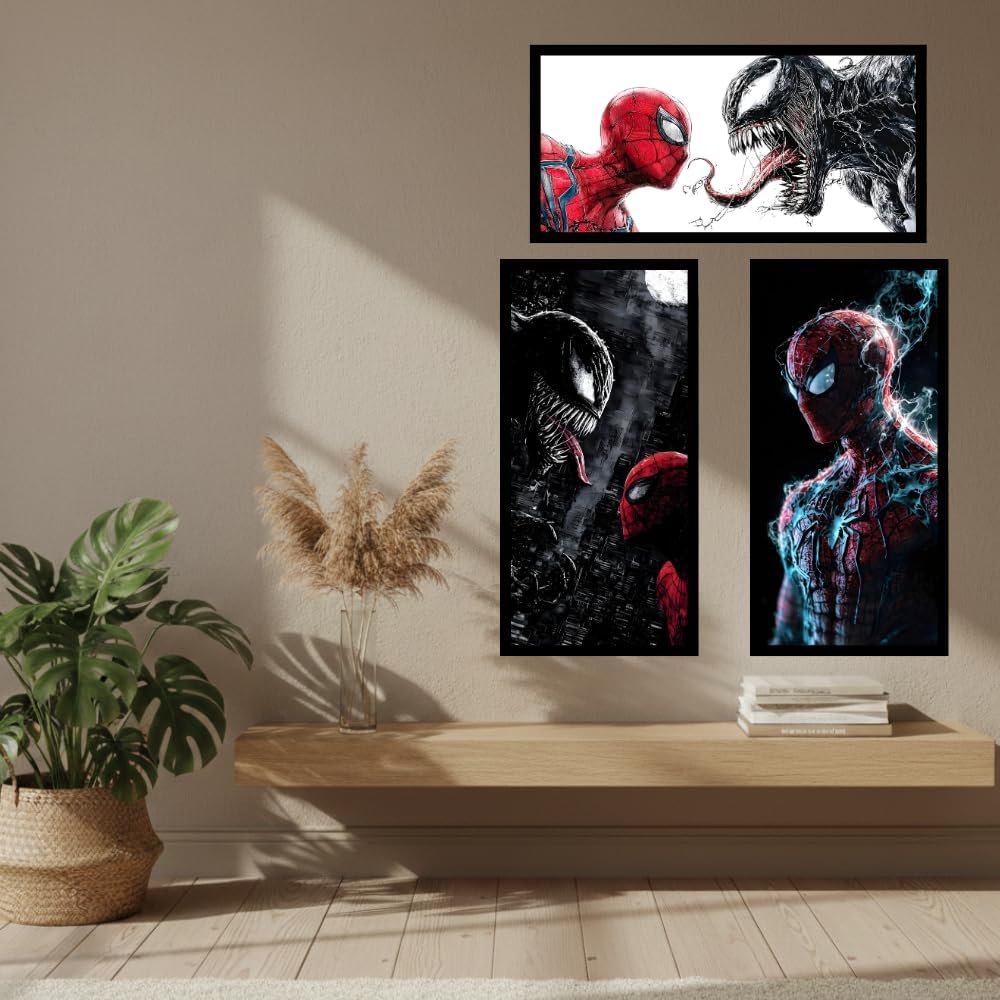VellyinX Spiderman vs Venom Wall Art 8x16 Inch - Set of 3 High-Definition Framed Prints - Marvel Inspired Home Decor for Gaming Room, Bedroom, or Office - Large Vertical Wall Frames