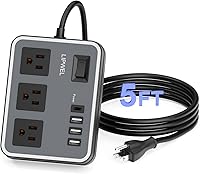 Vista 1 de Regleta de alimentación de 3 tomas con 3 puertos de carga USB y 1 puerto USB-C, cable de extensión de 1200 W, cable de alimentación de 5 pies