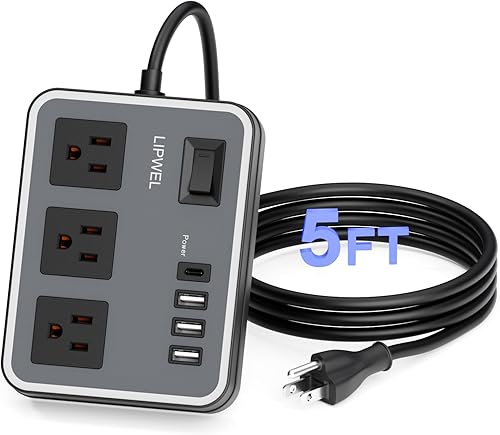 Regleta de alimentación de 3 tomas con 3 puertos de carga USB y 1 puerto USB-C, cable de extensión de 1200 W, cable de alimentación de 5 pies,