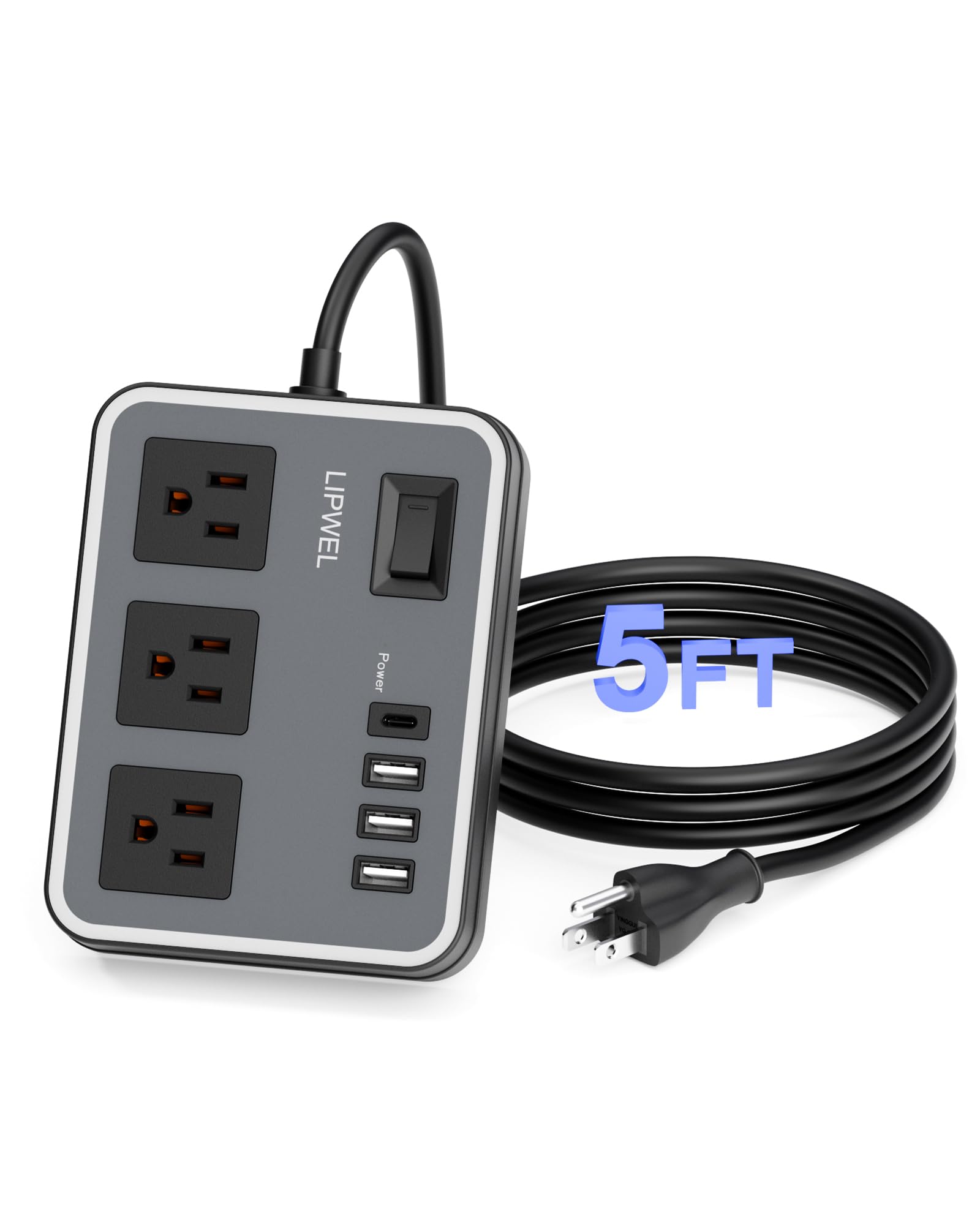 3 Outlet Power Strip with 3 USB Charging Ports and 1 USB-C Port, 1200W Extension Cord 5ft Power Cord, Black,Overload Protection Switch,No Surge Protector for Cruise Ship, Travel, Dorm, Home, Office