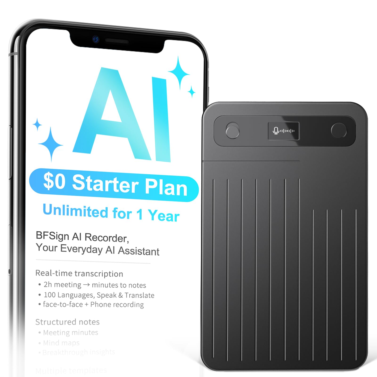 Note Pro - Grabadora de voz AI de 64 GB con transcripción, traduce en tiempo real 100 idiomas, minutos de reuniones de IA y mapas mentales, diseño magnético, batería de 400 mAh