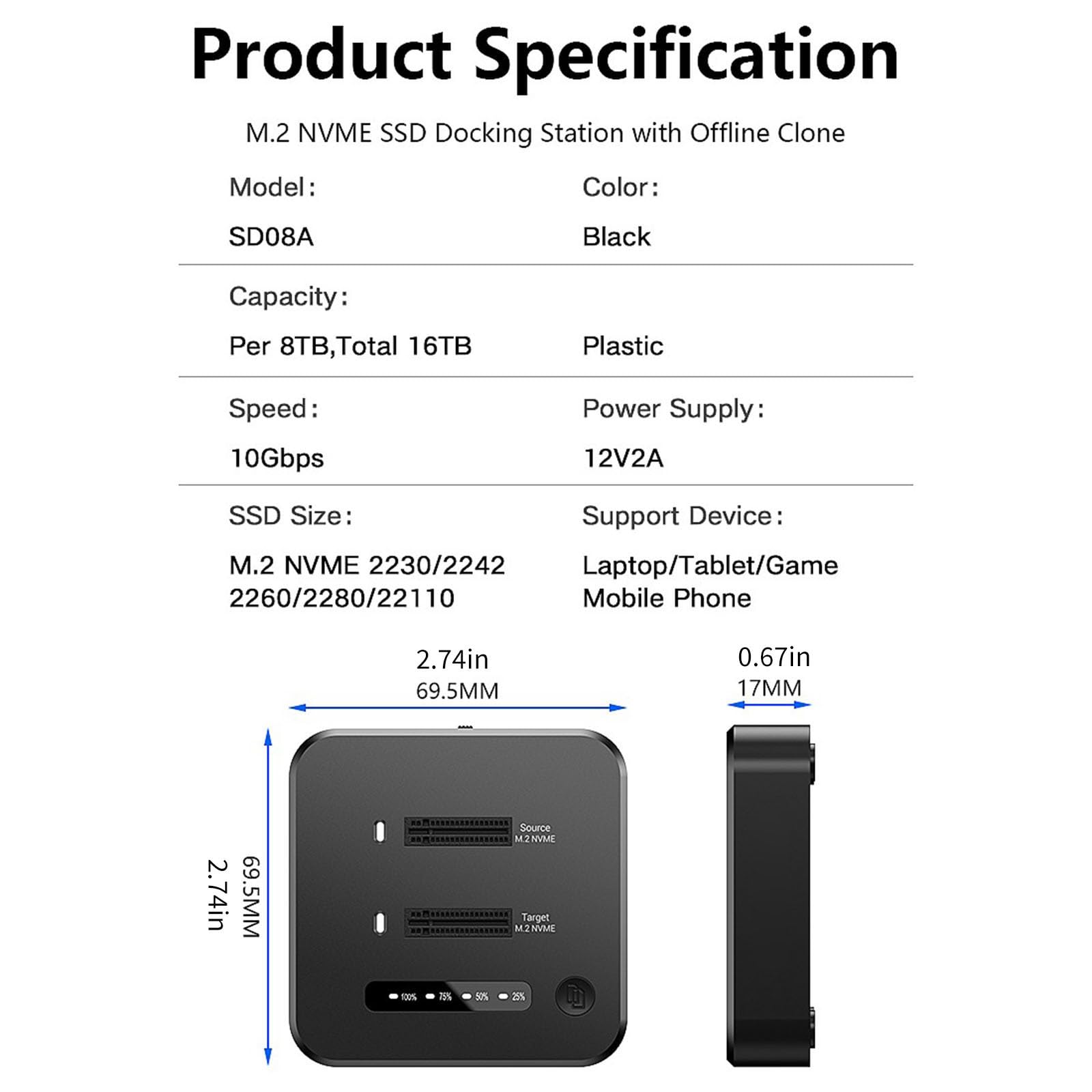 Ranura NVME Cloner Dock con Velocidad de Transferencia de 10 Gbps