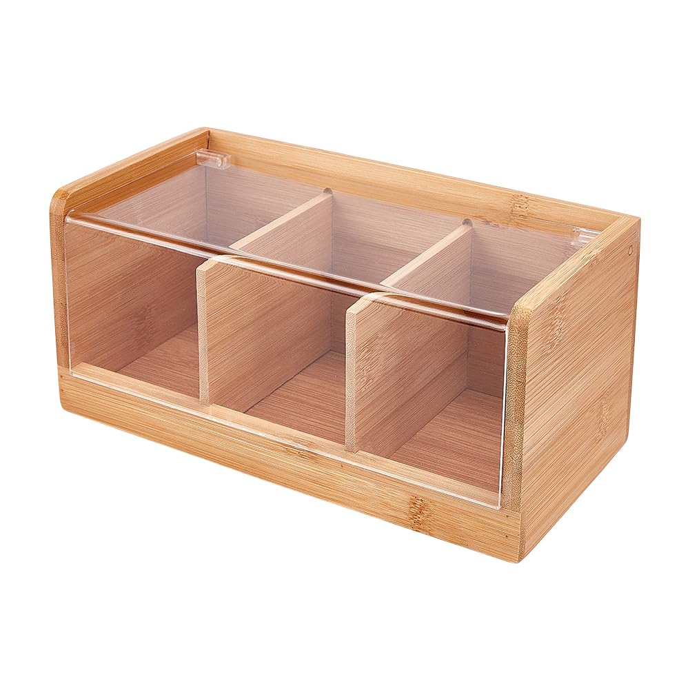 OLYCRAFT Organizzatore per Bustine di Tè 3 scomparto Scatola Portaoggetti In Bambù con Coperchio Trasparente In Acrilico Organizzatori per Tè Bustine di Caffè Zucchero Piano Lavoro Della Cucina