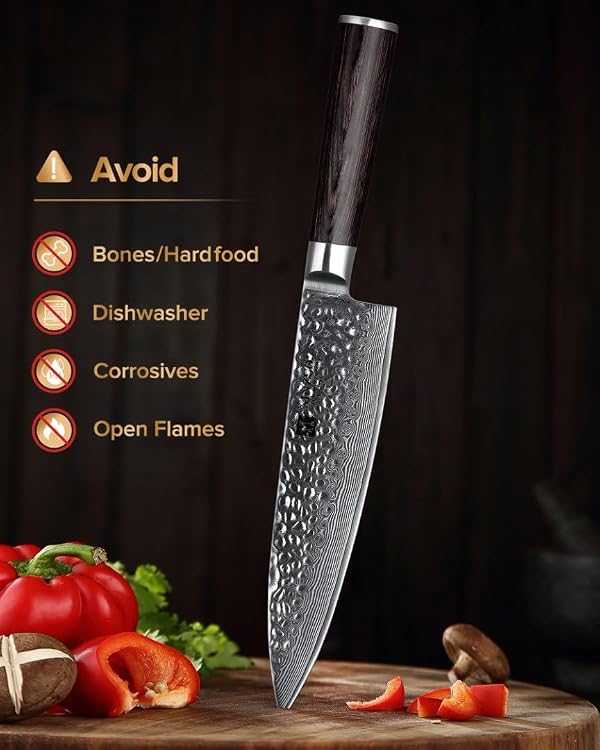 XINZUO Chef Knife 8 Inch 67 Layer Japanese VG10 Damascus Steel Kitchen Knife Hammered Finish High Carbon Japanese VG-10 Steel Professional Chef's Knives Razor Sharp with Pakkawood Handle - He Series by XINZUO - Image 7