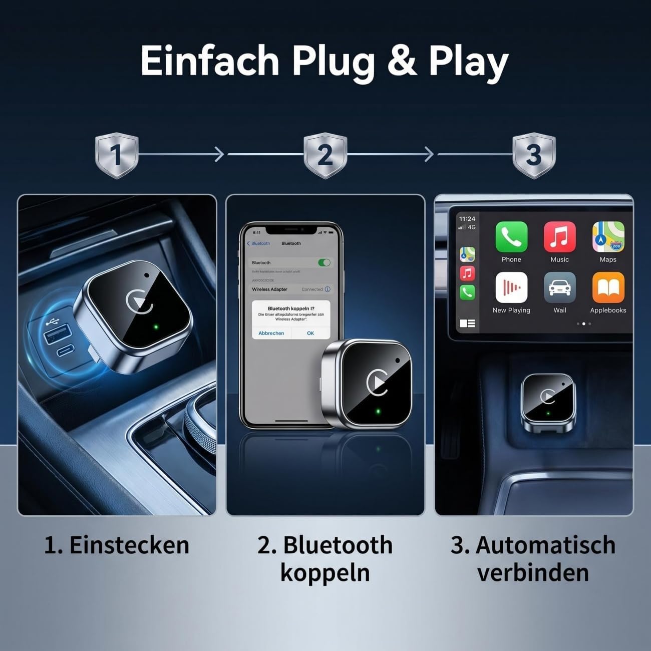 2 in 1 Wireless CarPlay Adapter, 5,8GHz Wi-Fi Niedrige Latenz, Stabile Verbindung für Verkabelte Werksautos