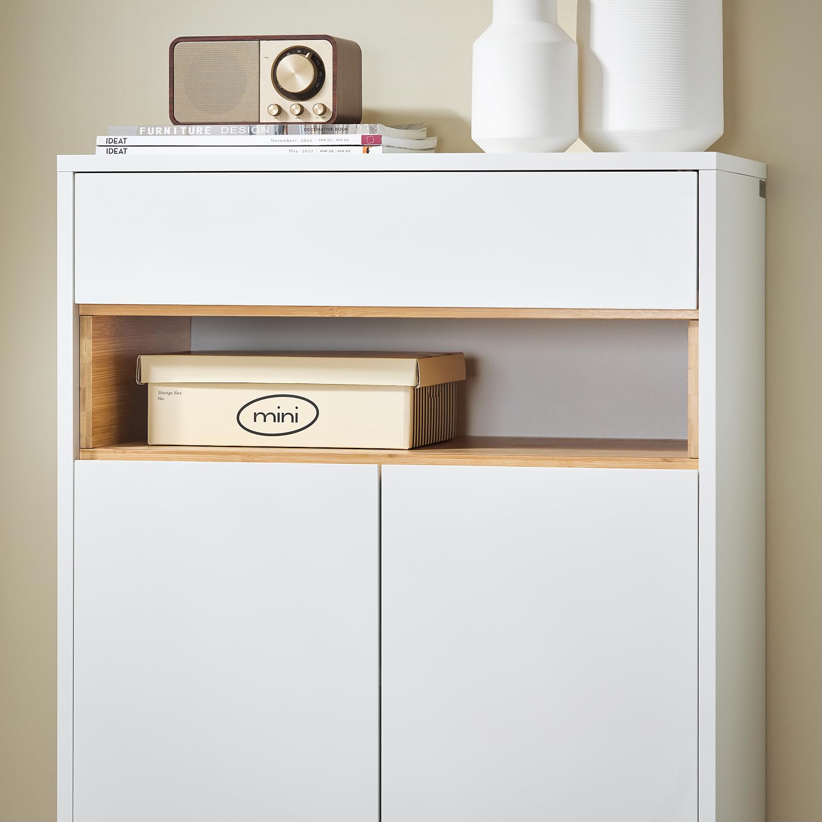 SoBuy Credenza Cucina Mobile Soggiorno – Madia Salvaspazio con Cassetto e Ripiani Regolabili - Mobiletto Ingresso Multiuso Per Cucina, Ingresso o Salotto - Bianco/Naturale 60x34x85cm FSB97-WN
