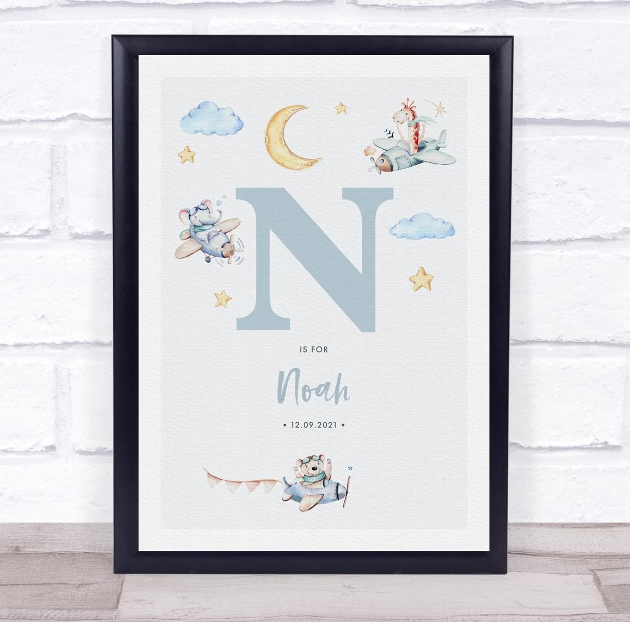 The Card Zoo New Baby Birth Details Nursery Christening Blue Planes Initial N Gift Print