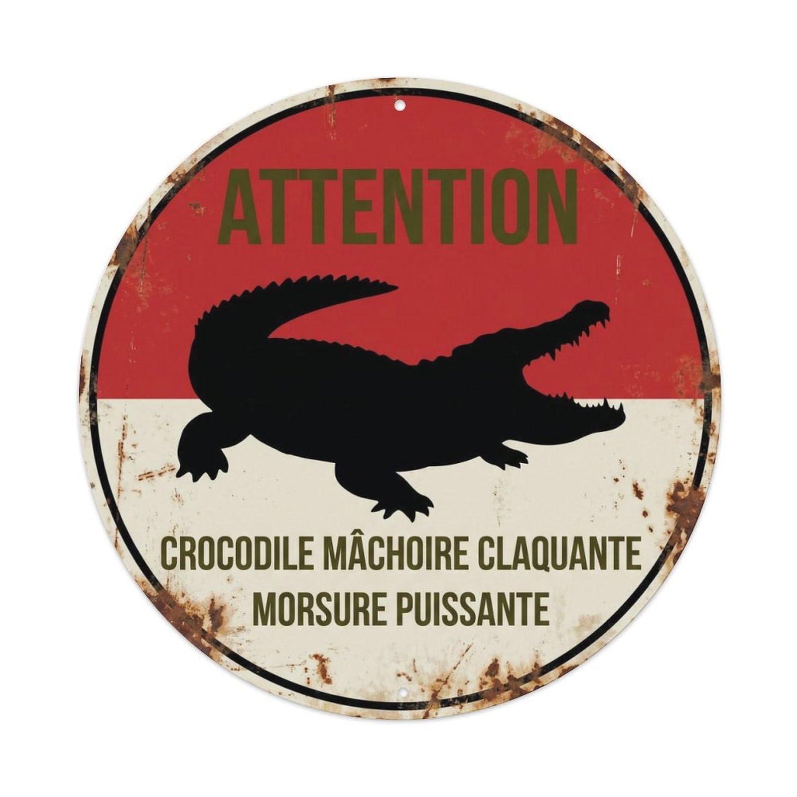 Crocodile Jaw Snap Grunge Caution Label Reptile Quirky Metal Tin Sign Plaque Wall Decor for Cafe, Man Cave, Club Bar, Office, Home Garden Round Metal Poster 8x8Inch
