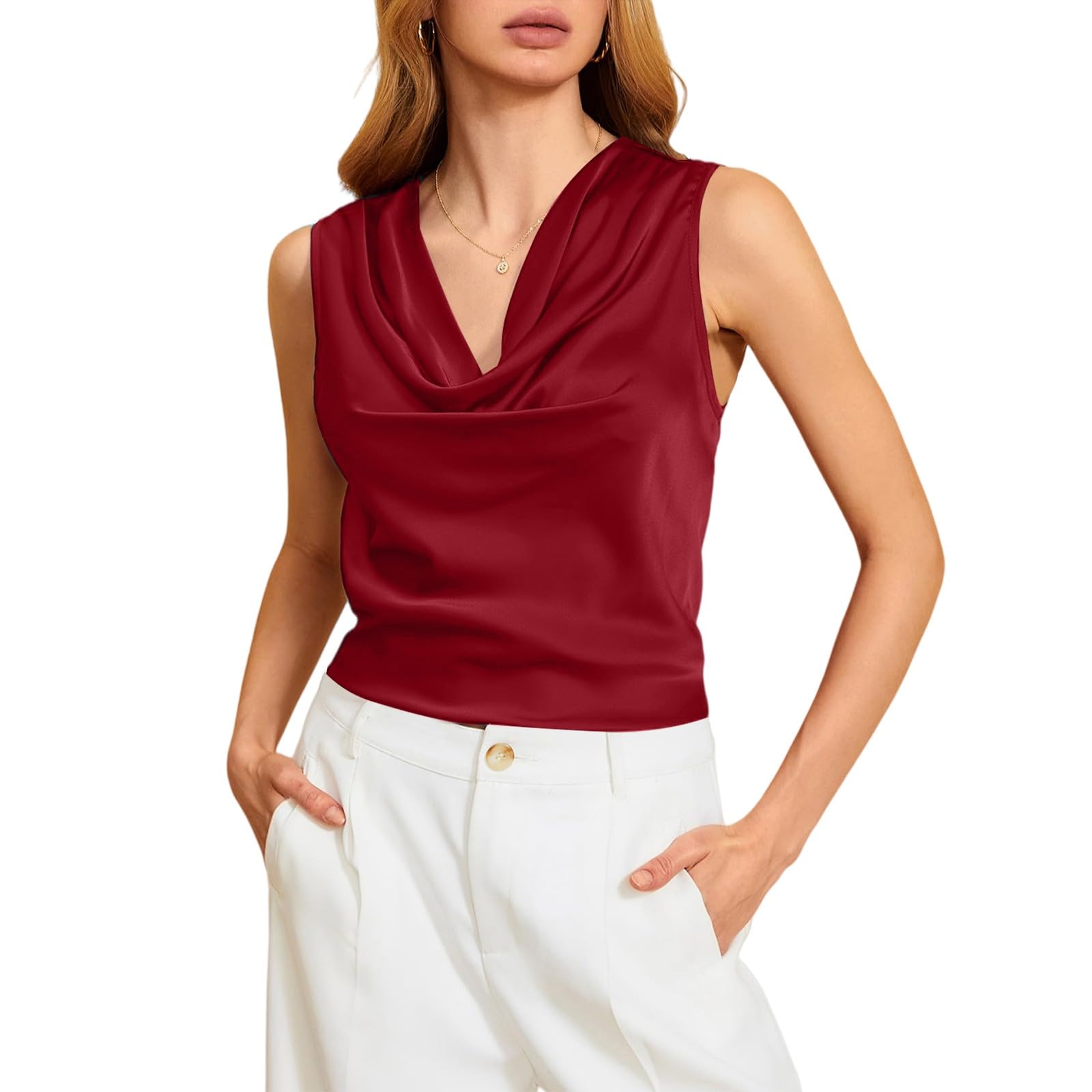 Camiseta sin mangas de satén de color liso con cuello alto para mujer
