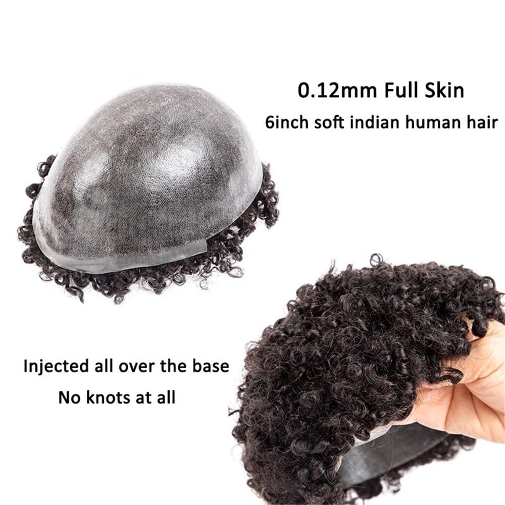 Tupecik męski Peruka Afro Curly dla mężczyzn 0,1 mm Wstrzykiwanie Pełna skóra męska Proteza włosów 6 Kręcone peruki z ludzkich Treski(6x9)