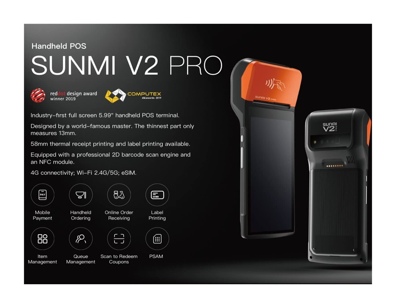 Przenośna drukarka paragonów, Miniaturowa drukarka etykiet 4G V2 Pro Mobilny przenośny system POS z drukarką Bezprzewodowa Wi-Fi PDA Dystrybucja Etykiet Drukarka paragonów(V2 Pro With Base)