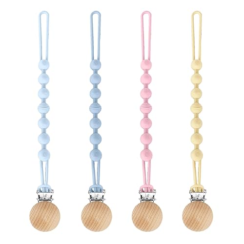 4 clips para chupete, clip de silicona para chupete para niños y niñas, clip flexible de una sola pieza con clips de madera, baby shower y regalo de