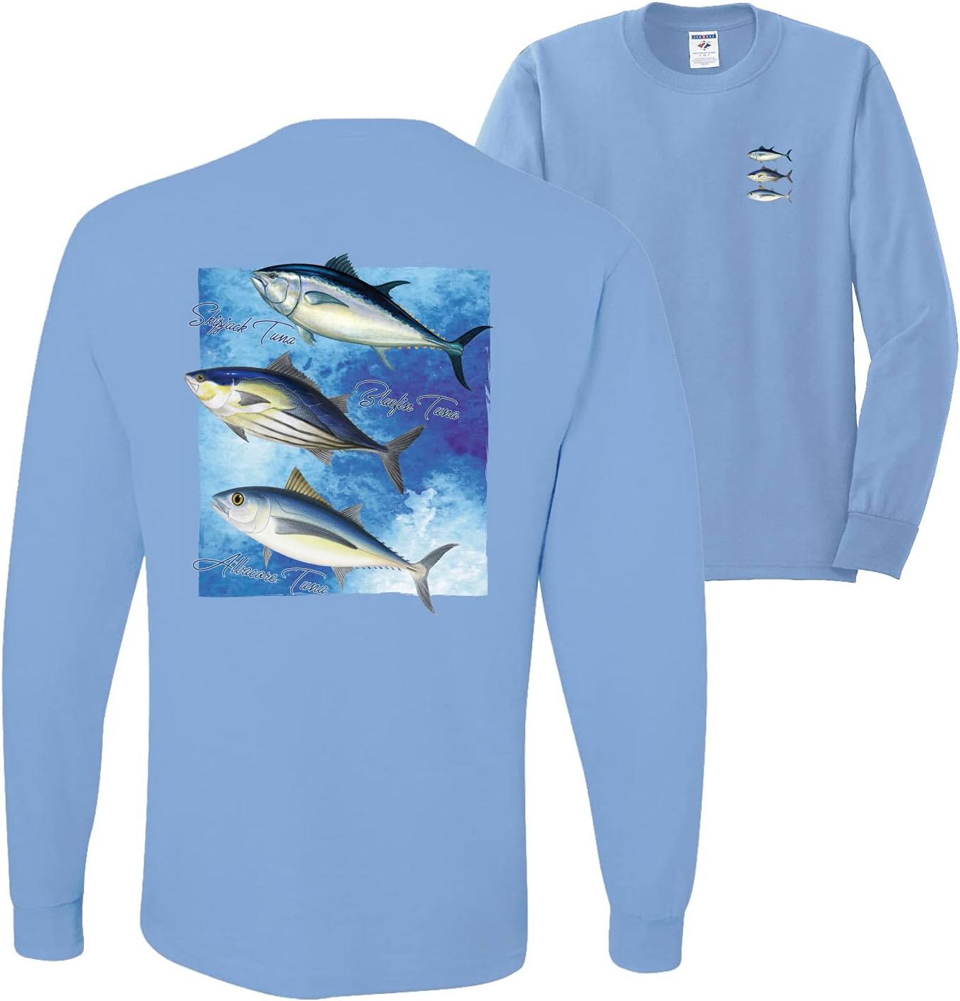 Cool Skipjack Bluefin Albacore Tuna Fish Trio Fishing Front and Back Mens Long Sleeve Shirt