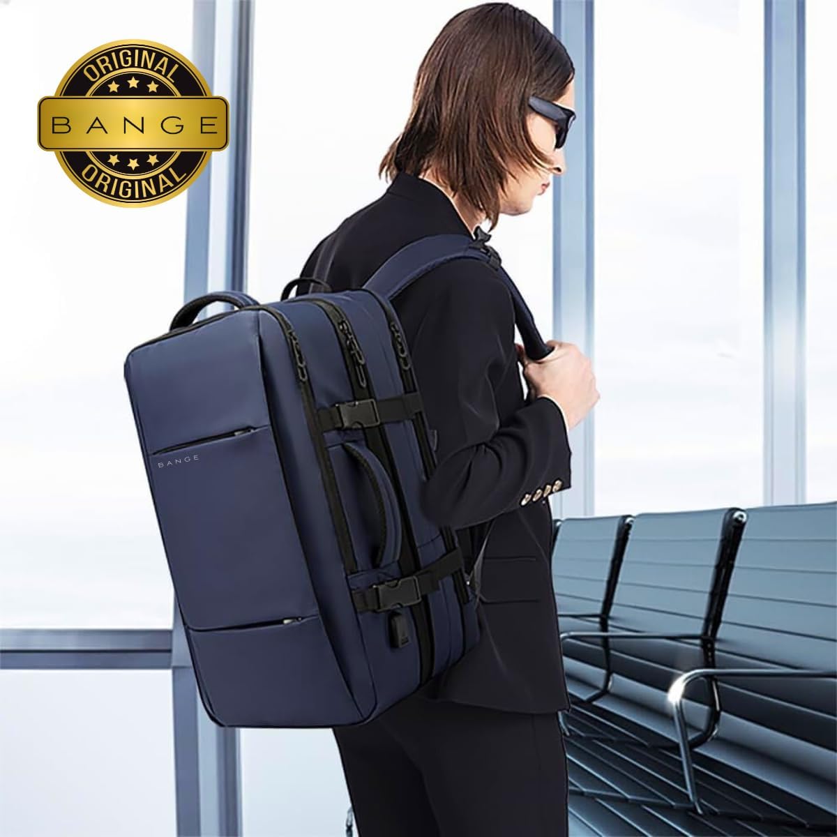 BANGE Mochila Executiva Masculina Reforçada de 40L Expansível Antifurto Impermeável para Notebooks de Até 17.3 Polegadas - Azul BANGE Mochila Executiva Masculina Reforçada de 40L Expansível Antifurto Impermeável para Notebooks de Até 17.3 Polegadas - Azul