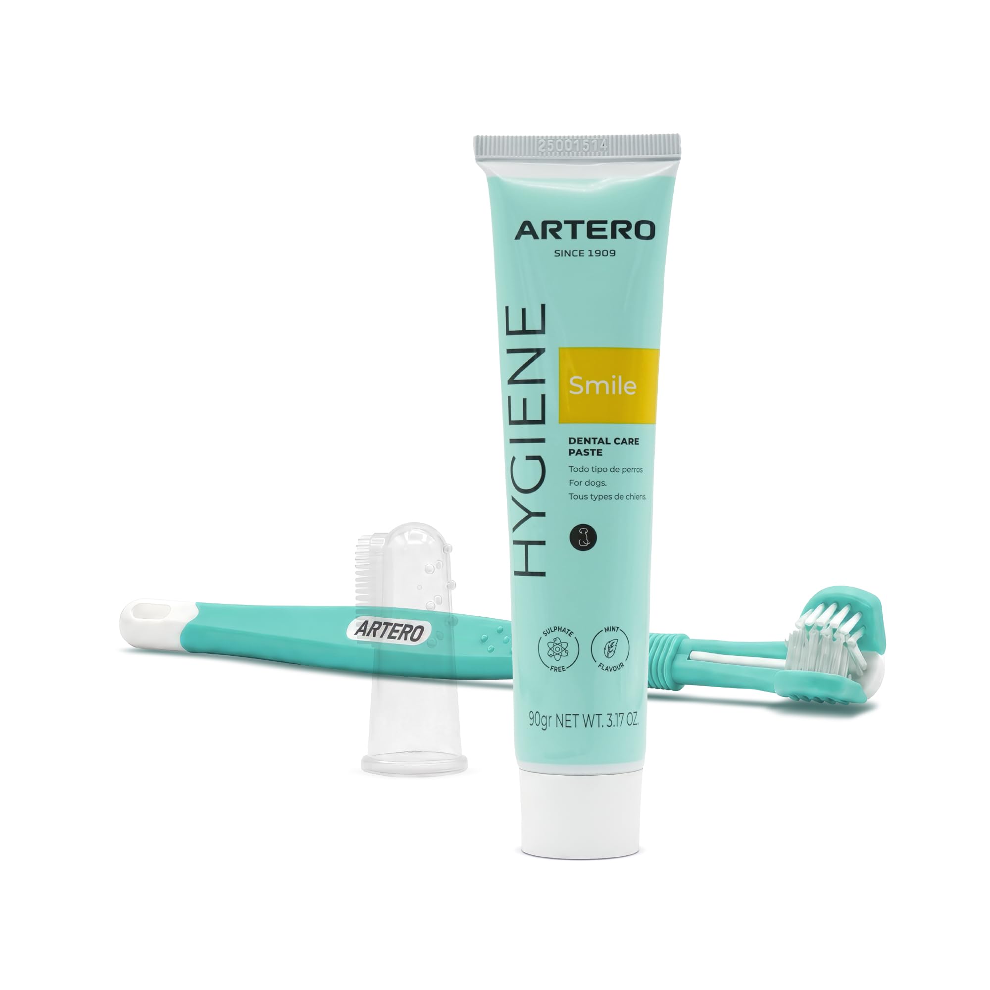 ARTERO Smile. Pack Higiene Dental Perros | Pasta de Dientes + Cepillo + Dedal Silicona | Elimina Sarro y Mal Aliento | Kit Limpieza Dental Completo | Pasta Comestible | Fabricado en España
