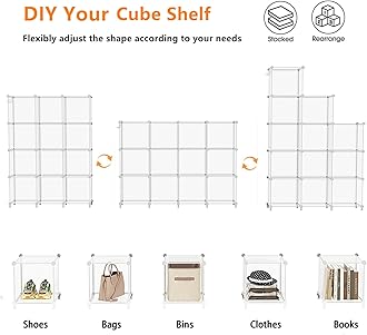 AWTATOS Cube Storage Organizer, 12 Cube Shelves Bookshelf, Closet Organizers and Storage, DIY Stackable Plastic Clothes Organizer Shelving for Bedroom, Home Office, Transparent Twill