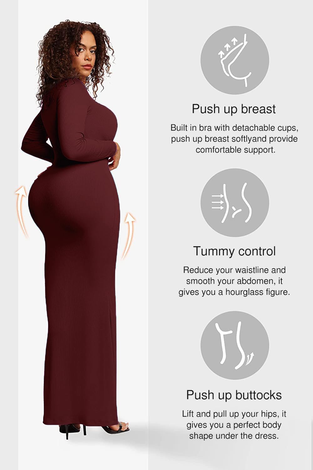 Popilush Women's Long Sleeve Maxi Dress Built-in Shapewear Bra Square Neck Fall Formal Wedding Guest Cocktail Bodycon Dresses - Image 5