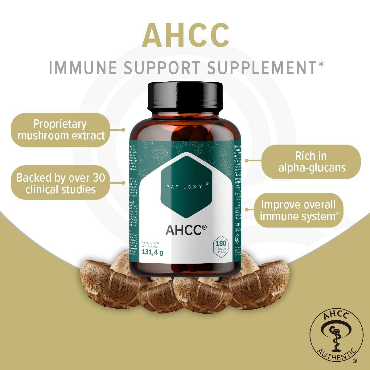 AHCC par Papiloxyl - 180 Gélules, 500 mg par Capsule, Culture Liquide Brevetée de Lentinula Edodes (Shiitake), Fabriqué au Japon par Amino Up, Sans Gluten