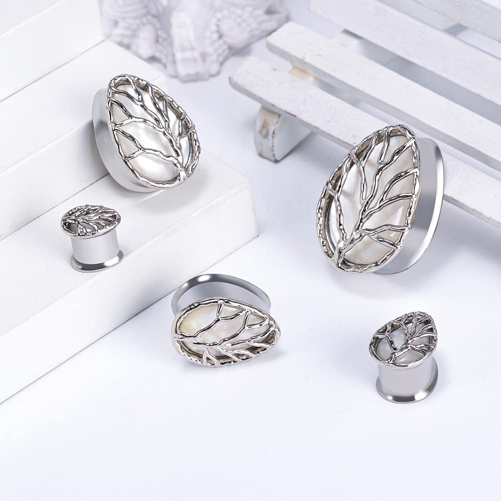 PUNKYOUTH 2PCS Teardrop Pearl Shell Ear Gauges Saddle Tunnels Double Flared Plugs Life Tree Elegant Stainless Steel Expander Stretcher Earrings For Women Guage 0g-1"