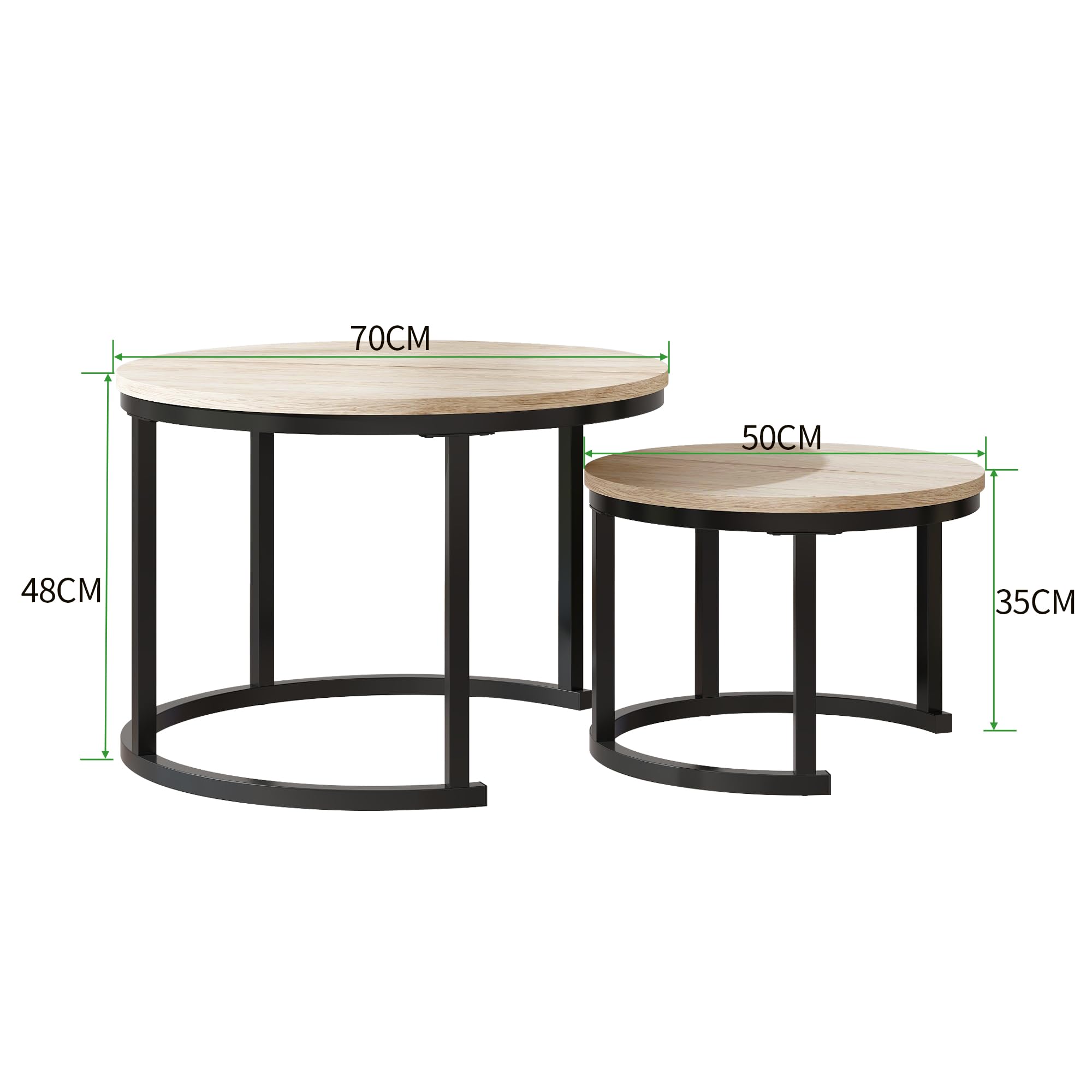 Couchtisch Rund, 2er Set Sofa Couchtisch Industrial Style, verschachtelte Beistelltische aus Metall und Holz, Vintage Sofa Tisches, Metall Satztisch 2er Set 50 und 70 cm Oak
