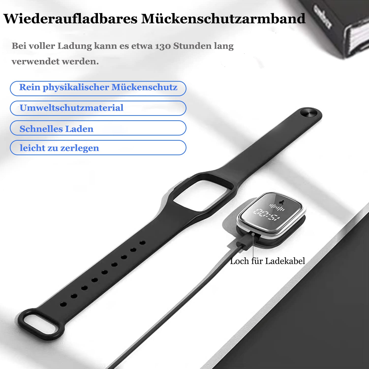 Mückenschutz-Armbänder, wasserdicht, Ultraschall, USB, wiederaufladbar, Anti-Moskito-Uhr, für Strand und Angeln, Erwachsene und Kinder, 130 Stunden Akkulaufzeit, Anzeige der Uhr