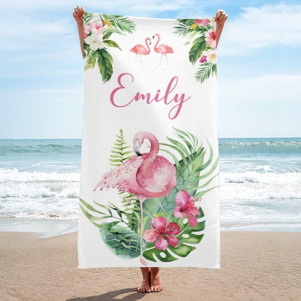 E-shine Custom Beach Towels with Names, Flamingo Beach Towels, Pink Beach Towels for Women, Feather Beach Towel (Multi 11), 30×60”