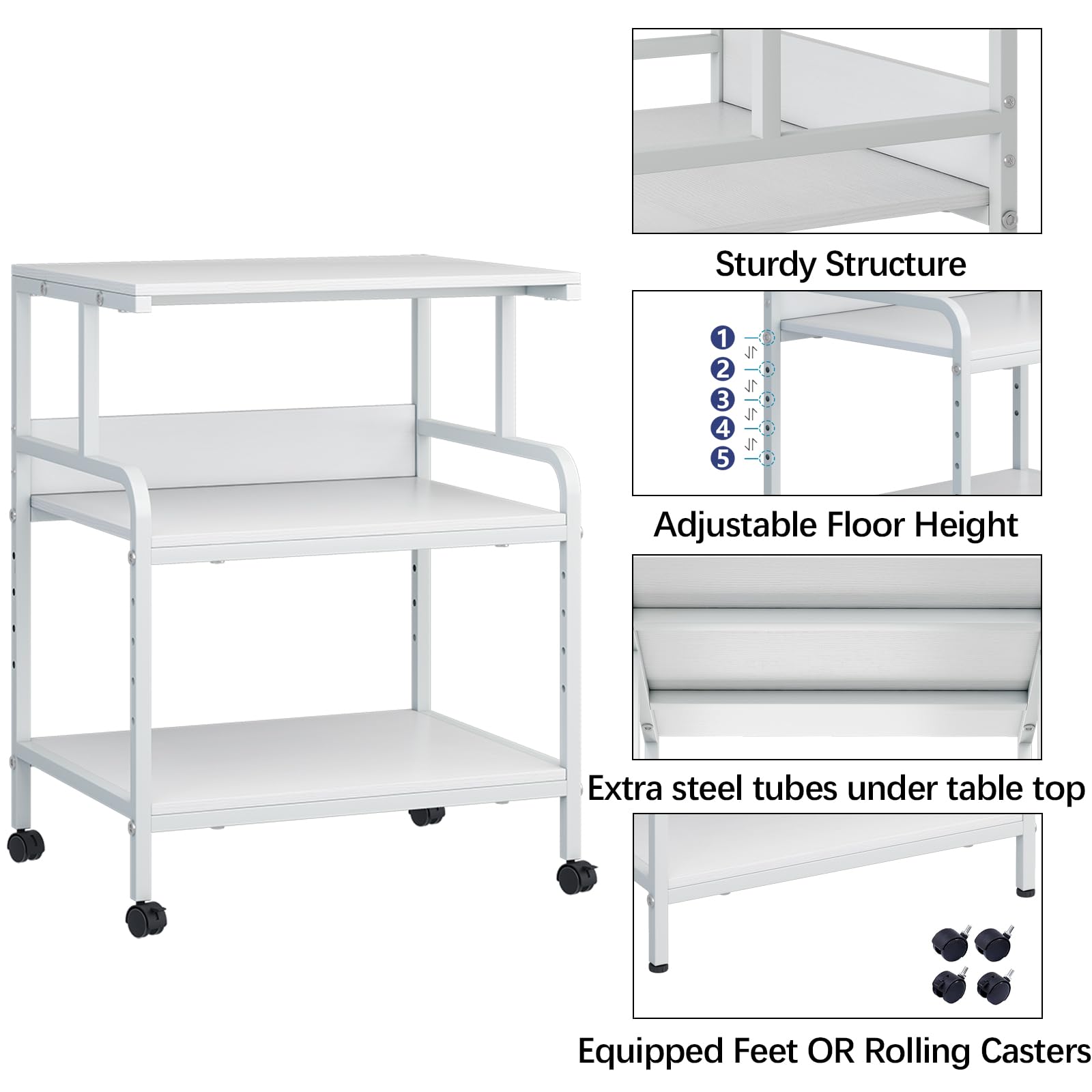 Arbuxzuy Soporte grande para impresora con estante de almacenamiento, carrito de impresora de 23.6 pulgadas de ancho x 18.9 pulgadas de profundidad con ruedas, mesa de impresora móvil de 3 niveles
