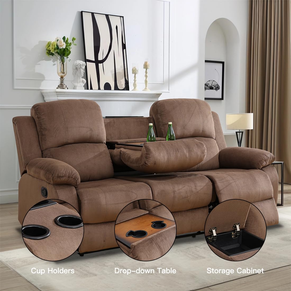 Toseslo Living Room Furniture Set, Manual Reclining Sofa Set, Brown Corduroy Recliner Couch Sets with Drop-Down Table, Recliner Sofa with Storage Console/Cup Holder for Living Room/Apartment view 3