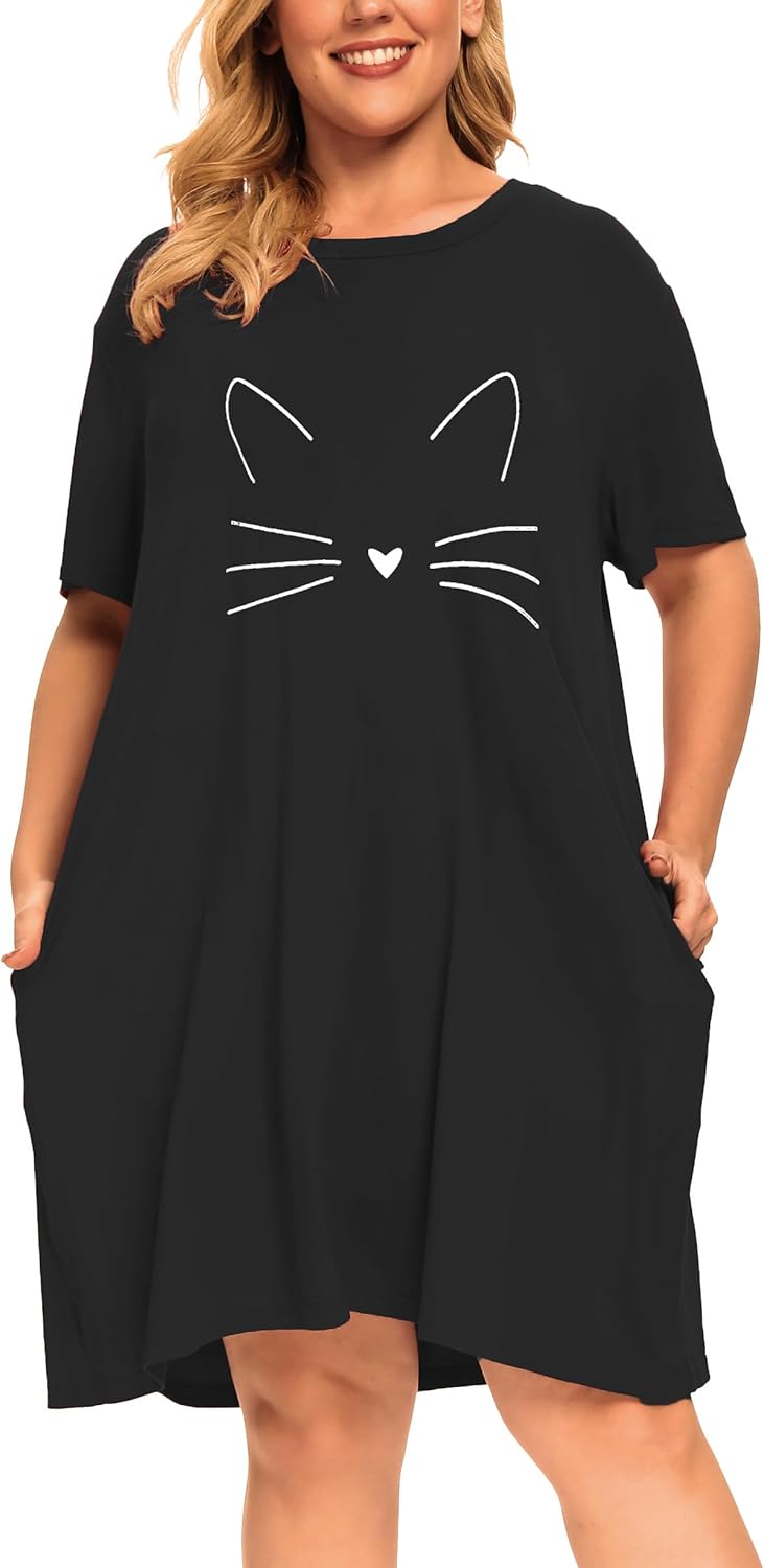Plus Size Cat Graphic Nightgowns Women Cute Sleepwear Night Gown Dresses Sleep Shirts Pockets - Image 2