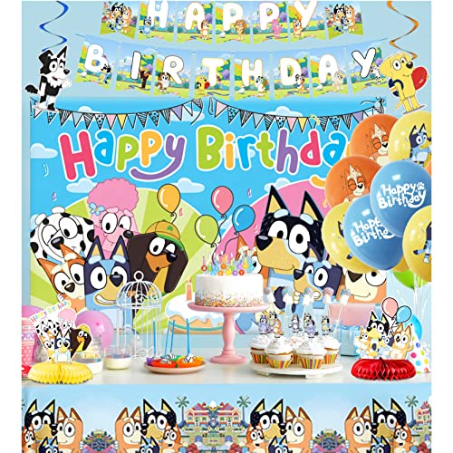 Blue Dog Birthday Party Supplies, Decorations Pack Includes Backdrop, Banner, Cupcake Topper, Foil And Latex Balloons, Balloon Sticks, Tablecloth, Swirls, Honeycomb For Kids Theme Party Serves 20 #TOP4