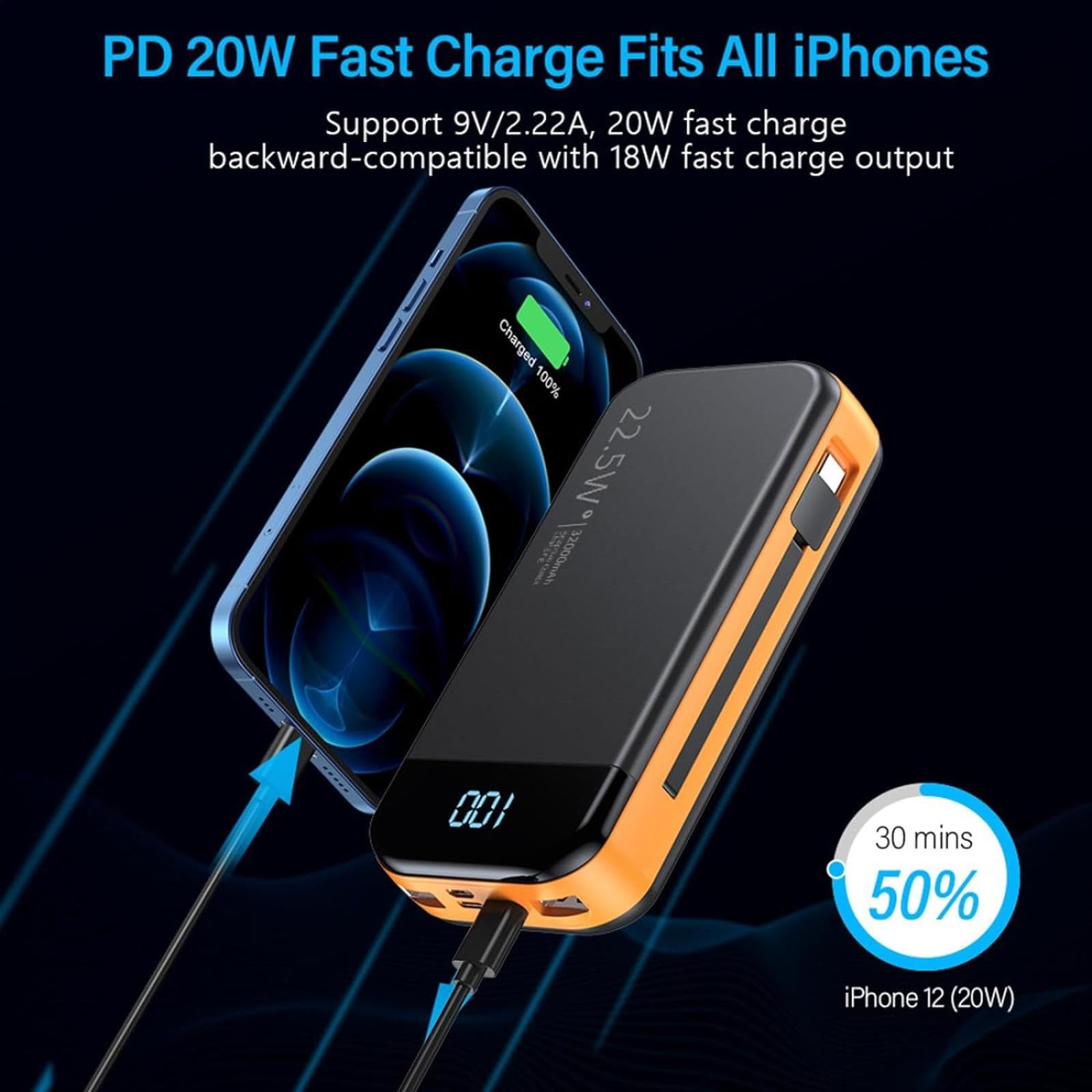 Powerbank Powerbank/32000mAh/50000mAh-PD Szybkie ładowanie Duża pojemność Mobilny powerbank współdzielony z kablem (50000mAh/czarny)