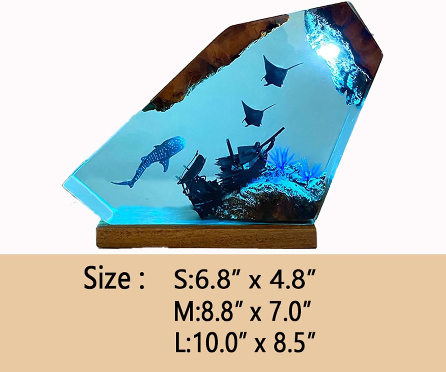 Ocean Creative Epoxy Resin Wood Light Lamp - Deep Sea Shark and Diver Aquatic Ocean LED Night Light Handmade Resin Wooden Lamp Desktop Decor Christmas Birthday Gift for Friend Family (Whale Shark)