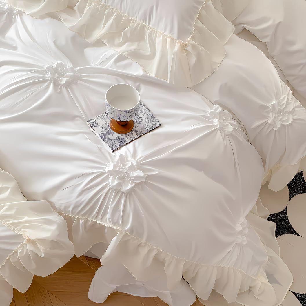 IHOUSTRIY White Duvet Cover Twin Size - Pintuck Twin Duvet Cover Set Flower, 2 Piece Girls' Ruffle Bedding with Zipper Closure, 1 Pinch Pleated Duvet Cover 66x90 inches and 1 Pillow Sham