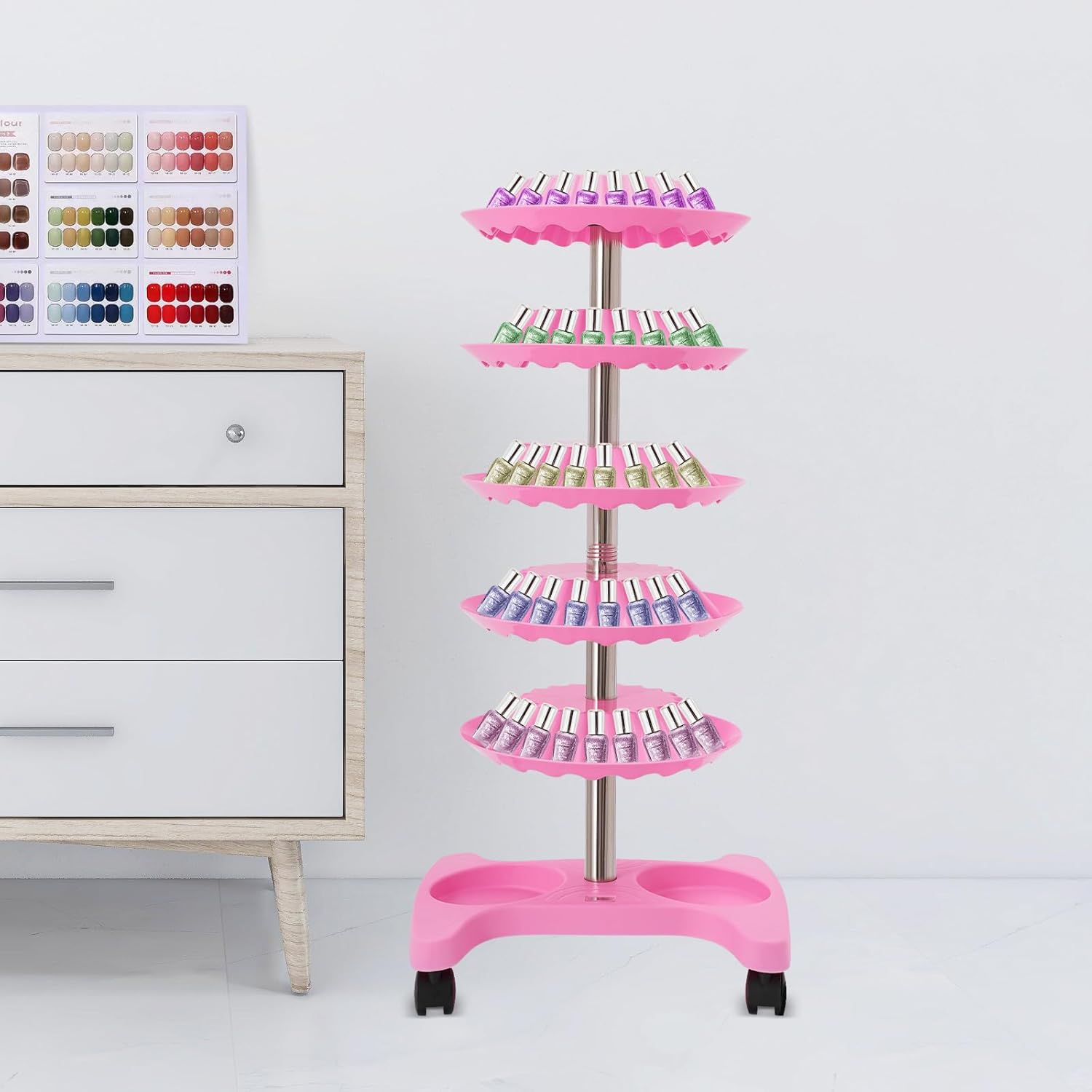 Nail Polish Trolley Organizer, 5 Tiers 360° Rotating Tray Nail Polish Spinning Rack Display Stand with Wheels, Display Rolling Cart for Spa Home Use